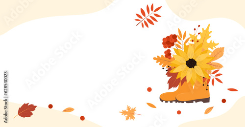 Autumn background for card  banner  poster. Autumn frame with boots  leaves  flowers and berries. Vector illustration.