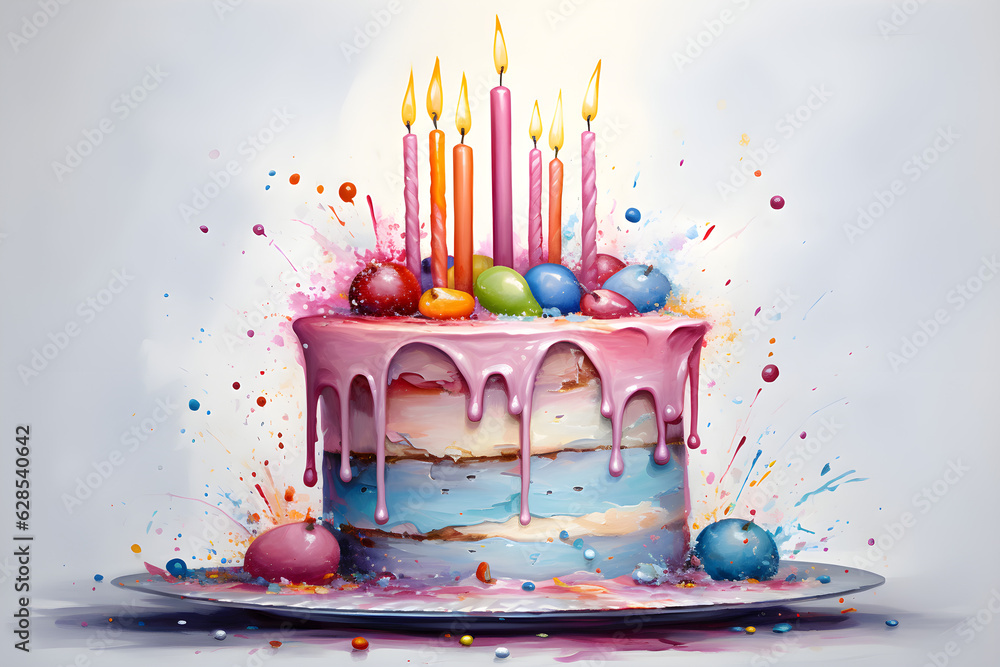 Birthday cake with candles watercolor illustration isolated on white ...