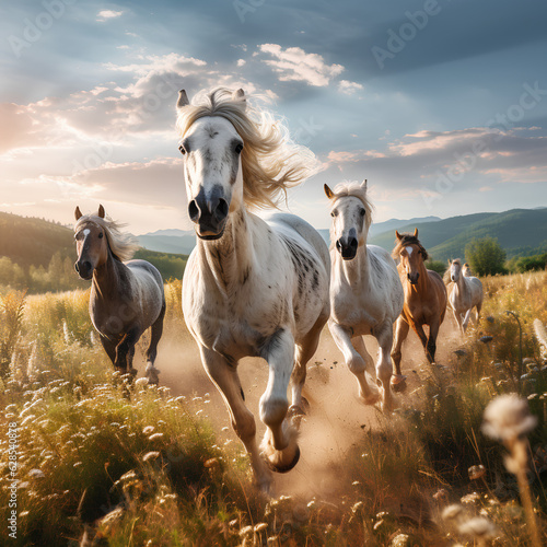 Dynamic horse running in the meadow, Created with generative AI