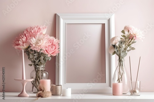 Decorated interior of a home. Pink frame, vase of flowers, and other interior accents. Generative AI