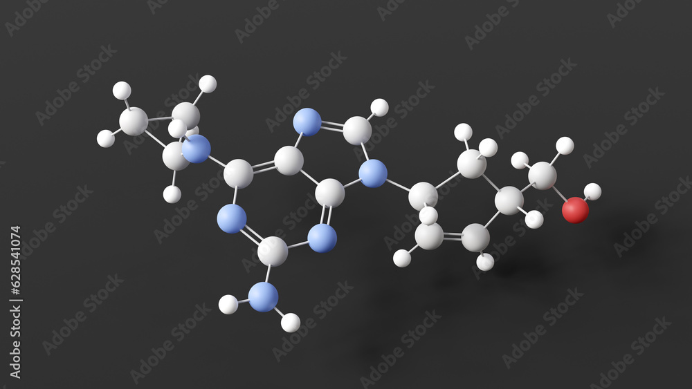 abacavir molecule, molecular structure, hiv nucleoside and nucleotide reverse transcriptase inhibitors, ball and stick 3d model, structural chemical formula with colored atoms abacavir molecule, molecular structure, hiv nucleoside and nucleotide reverse transcriptase inhibitors, ball and stick 3d model, structural chemical formula with colored atoms