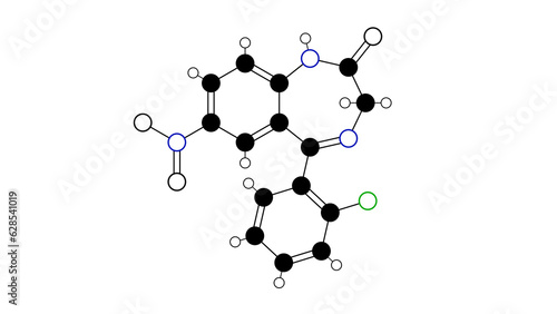 clonazepam molecule, structural chemical formula, ball-and-stick model, isolated image benzodiazepines photo