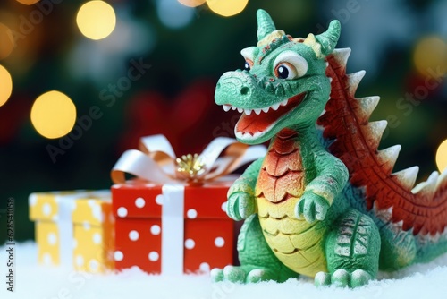 A green wooden dragon with Christmas gifts with a bow on the snow with blurry lights in the background.