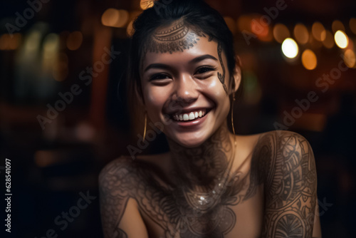A tattoo Asian model with intricate Dayak inspired body art poses in front of a dark background, evoking a sense of tribal mystery and allure. generative AI