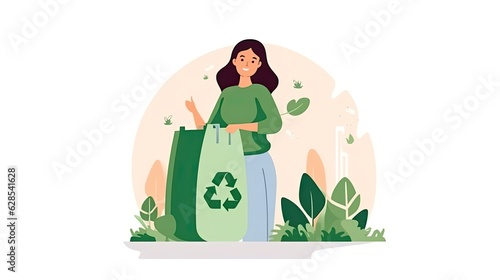 Illustration of a young woman throwing trash in recycling bin with recycle symbol, green recycling container waste container on white background. Copy space. Zero waste concept