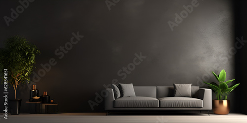Grey Couch Set Against A Black Wall Background "Contemporary Living Room with Grey Sofa Against Black Wall"