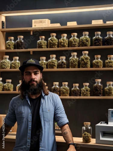 CSC. Budtender in a Cannabis Social Club. Coffeeshop. Cannabis dispensary. Cannabis specialty store. Marijuana store. Health store with natural wood interior. Generative AI.