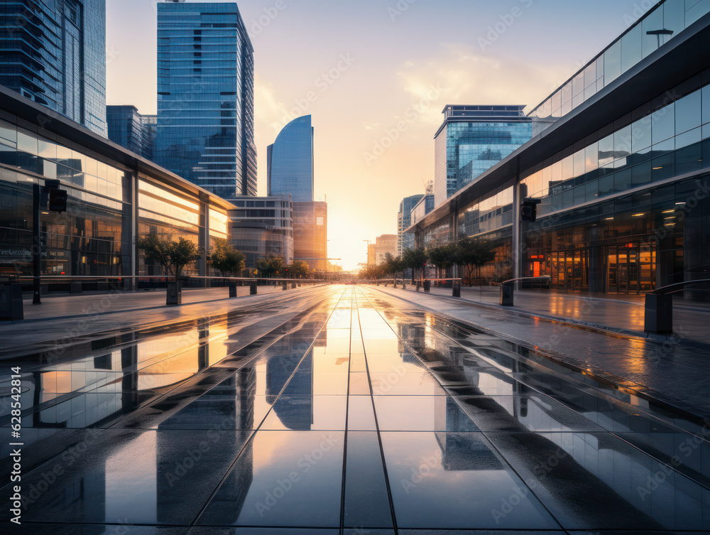 empty pedestrian walkway with city background