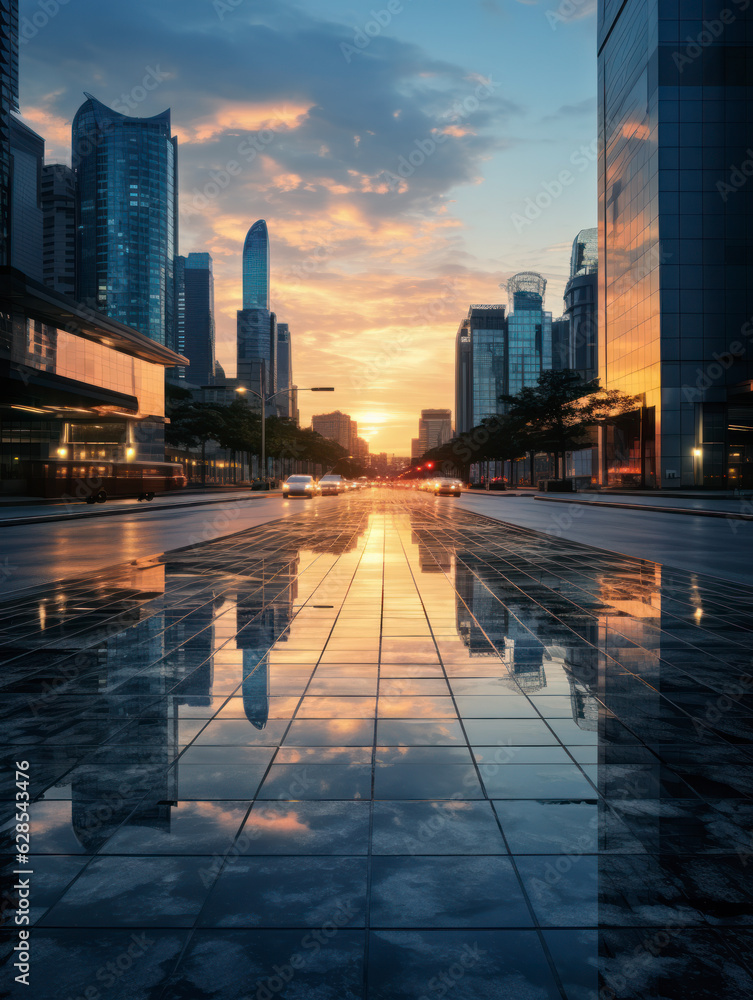 empty pedestrian walkway with city background