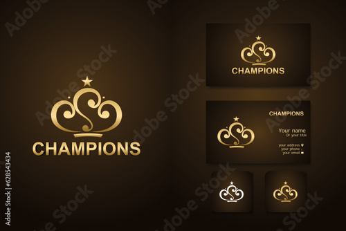 champion logo design vector template and business card with editable text