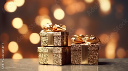Captivating festive scene with three shimmering gold gift boxes against a stunning gold gradient background, creating an enchanting atmosphere of celebration and joy. Boxing day 