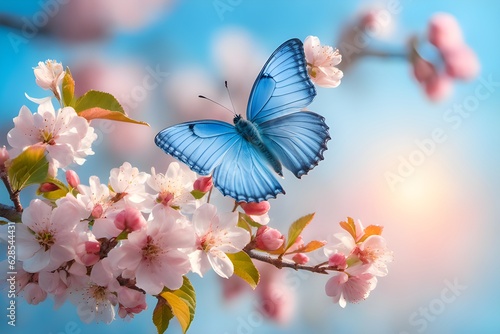 A breathtaking blue butterfly gracefully fluttering above a blossoming branch of an apple tree during the spring at sunrise, bathed in the soft morning ligh