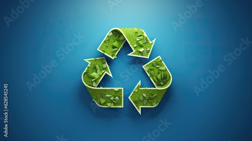 Green recycle symbol made out of green's elements, on blue background with copy space. AI generated photo