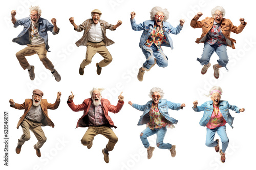 Tela Collection of seniors jumping with joy on transparent background.