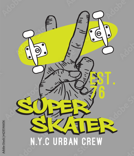 tee print design with hand and skateboard drawing as vector