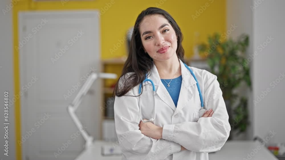 Young beautiful hispanic woman doctor smiling confident standing with arms crossed gesture at the clinic Young beautiful hispanic woman doctor smiling confident standing with arms crossed gesture at the clinic