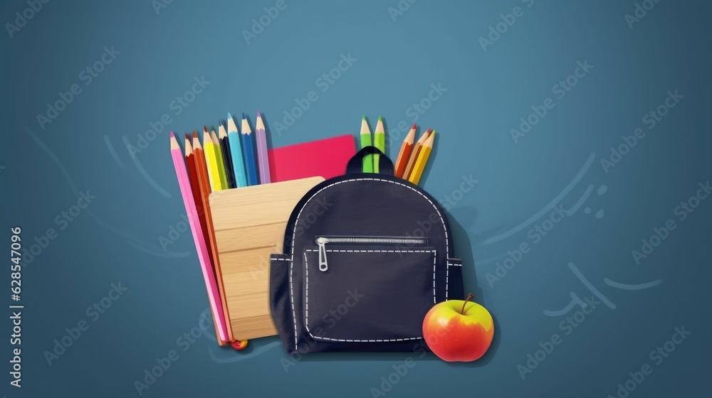 AI generated illustration of a backpack filled with school supplies displayed on a flat surface AI generated illustration of a backpack filled with school supplies displayed on a flat surface