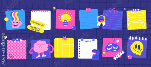 Sticky hand drawn doodle notes on paper, cute blanks, office notices, home reminder with funny characters. Paper sticky notes, memo messages, torn paper for school, university, work.