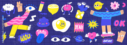 Doodle retro sticker pack, hand drawn badges. Collection of trendy pins. Abstract set of cute patches, pins, stamps. Funny comic characters.