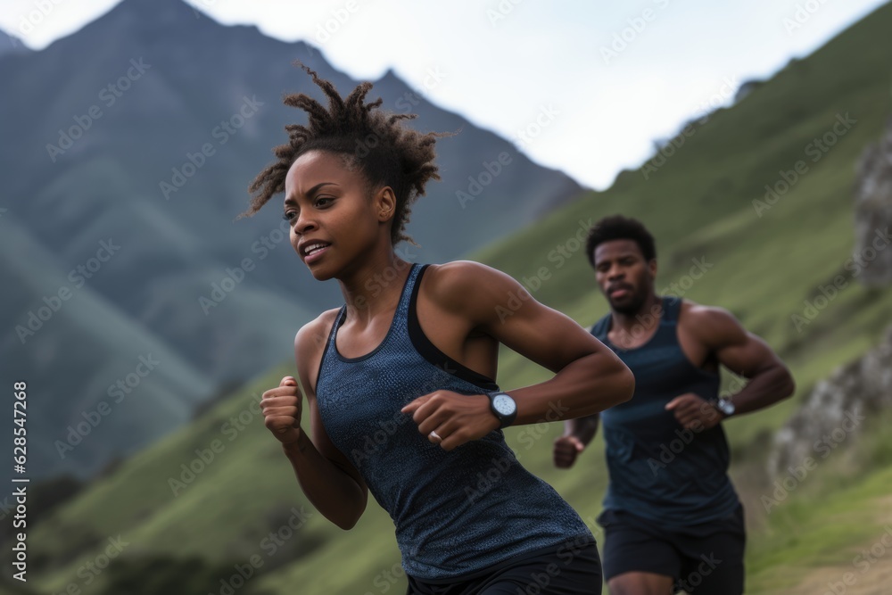 Joyful Black Couple Running in Scenic Mountain Landscape - Active Family Summer Fun Joyful Black Couple Running in Scenic Mountain Landscape - Active Family Summer Fun