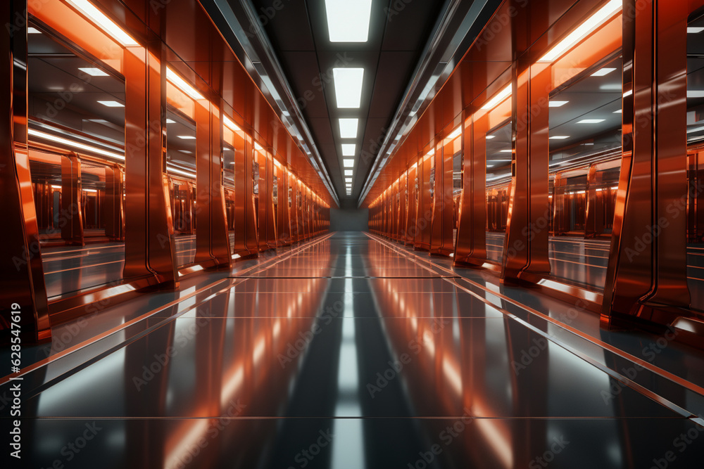 Abstract sci-fi corridor: 3D rendering wallpaper with stunning reflections Generative AI