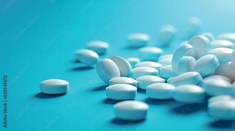 White pills on a blue background isolated. Medicines, drugs for the treatment of patients. Pill blank vector illustration. Vitamins and medicines. White pills on a blue background isolated. Medicines, drugs for the treatment of patients. Pill blank vector illustration. Vitamins and medicines.
