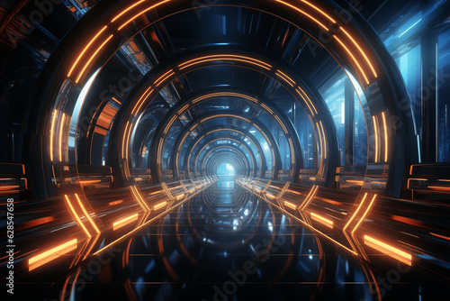 Abstract sci-fi corridor: 3D rendering wallpaper with stunning reflections Generative AI