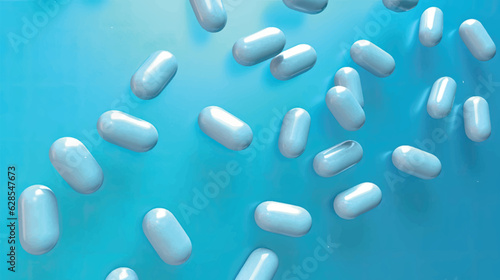 White pills on a blue background isolated. Medicines, drugs for the treatment of patients. Pill blank vector illustration. Vitamins and medicines. 
