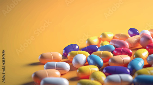 Multicolored pills isolated. Medicines, drugs for the treatment of patients. Pills baner vector illustration. Vitamins and drugs in bright capsules.