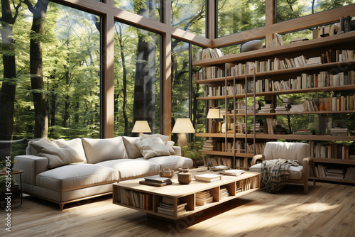 Contemporary reading haven: Bright, airy, with minimalist design. Generative AI