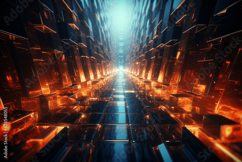 Futuristic 3D rendering: Abstract glowing scifi tunnel with reflections. Generative AI