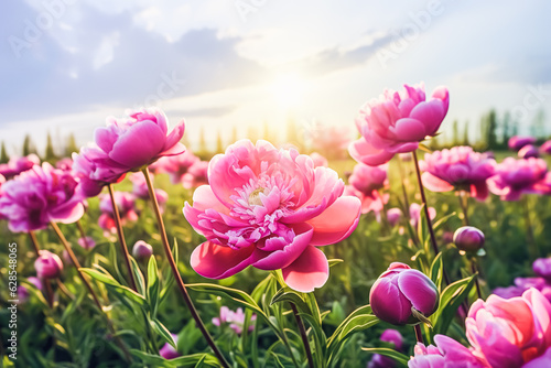 selective focus.closeup of fantasy multicolor peony peonies flower blooming in garden with sunny morning.nature spring background.generative ai art