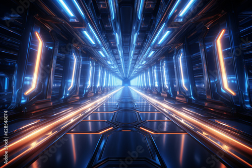 Futuristic glowing sci-fi corridor: Abstract 3D rendering wallpaper. Generative AI