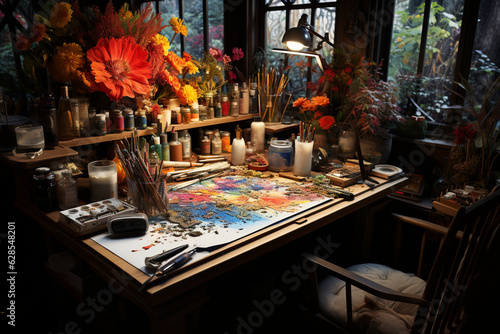 Inspiring art studio: Teacher's desk, student artworks, colorful creativity. Generative AI