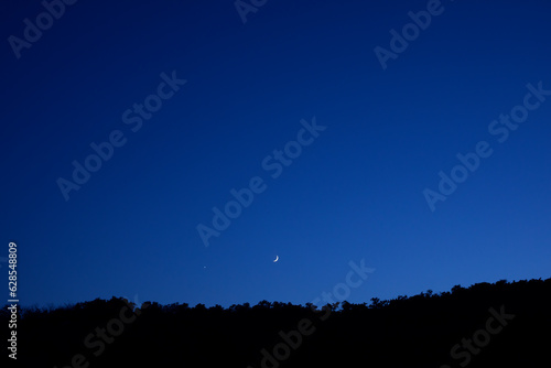 Night panoramic landscape of the forest silhouettes under dark night sky with young moon