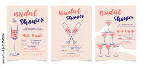 Bridal shower pink invitation cards design. Illustrations of champagne glasses with bubbles, vector. Bubbles of sparkling wine, wedding concept. Event, party, presentation, promotion, menu.