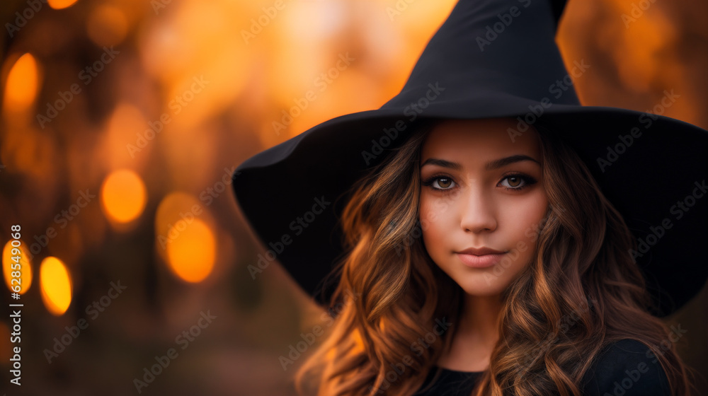Young woman in witches hat. Close up portrait. Halloween witch. Generative AI Young woman in witches hat. Close up portrait. Halloween witch. Generative AI