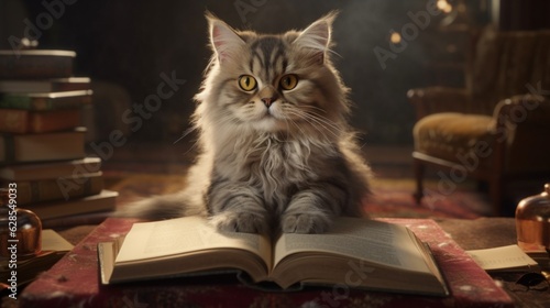 Book read ing cat characters.Generative AI