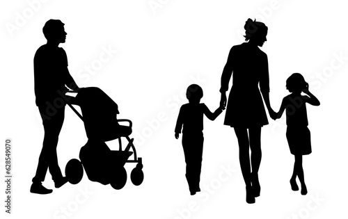Vector silhouettes of man, woman and children, families, a group of people walking with a pram, profile, black color on a white background