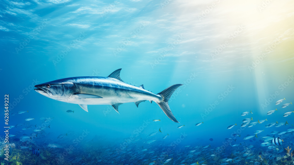 Obraz premium Barracuda leaping out of the sea; background with empty space for text 