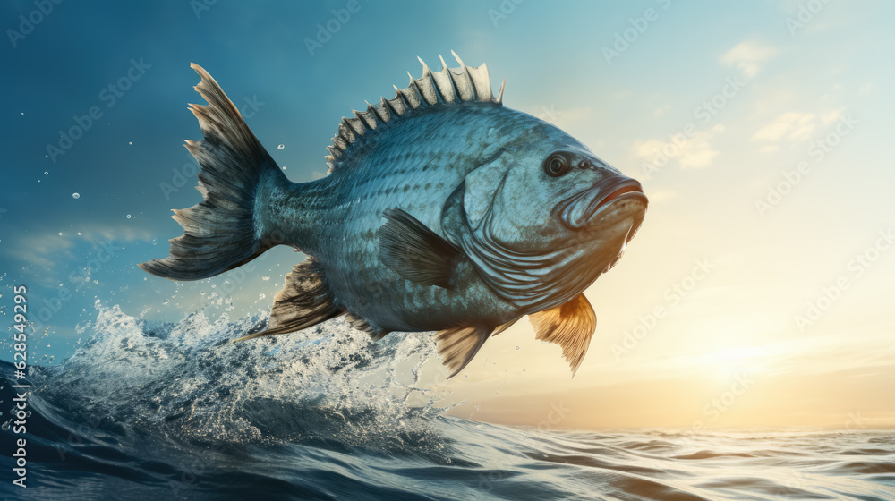 Halibut leaping out of the sea; background with empty space for text Halibut leaping out of the sea; background with empty space for text