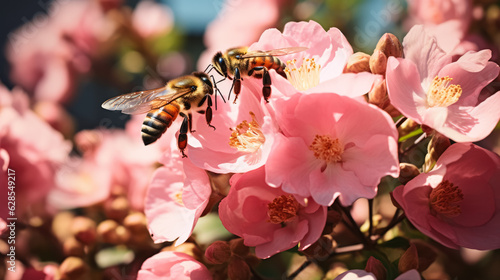 A swarm of bees bustling around a blooming rose garden; background with empty space for text   