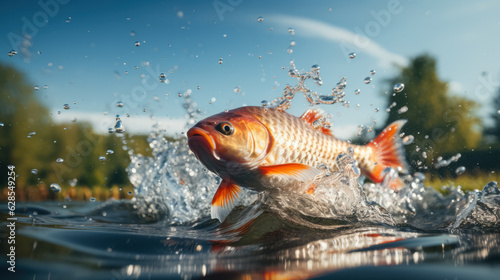 Carp jumping out of a pond; background with empty space for text 