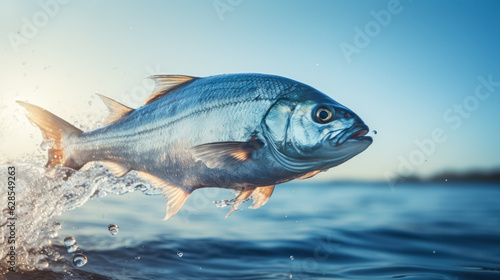 Bluefish jumping out of the ocean; background with empty space for text 