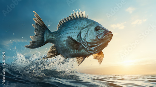 Halibut leaping out of the sea; background with empty space for text 