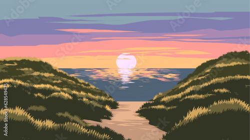 Beach sunset landscape with path leading toward the ocean