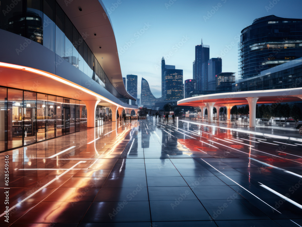 Naklejka premium empty pedestrian walkway with city background