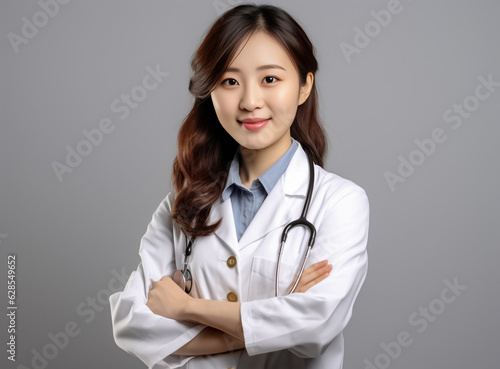 a self-assured Japanese senior doctor woman commands attention in her immaculate medical uniform  radiating professionalism and experience. generative AI.