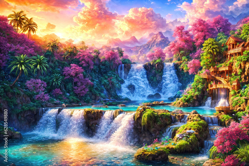 Beautiful landscape with waterfalls and flowers, magical idyllic background with many flowers in Eden.