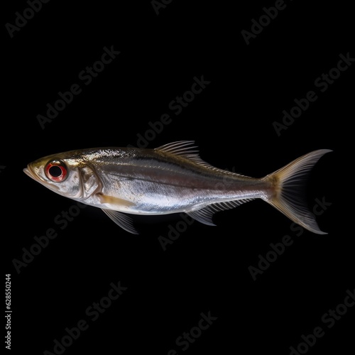 a silver fish with red eyes